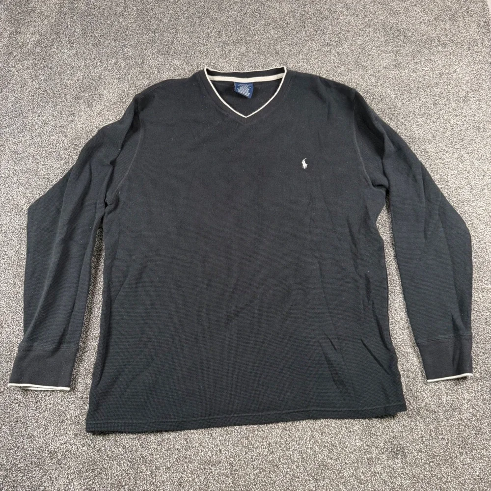 Polo Ralph Lauren Thermal Shirt Men's XL Black Waffle Knit V-Neck Long Sleeve
